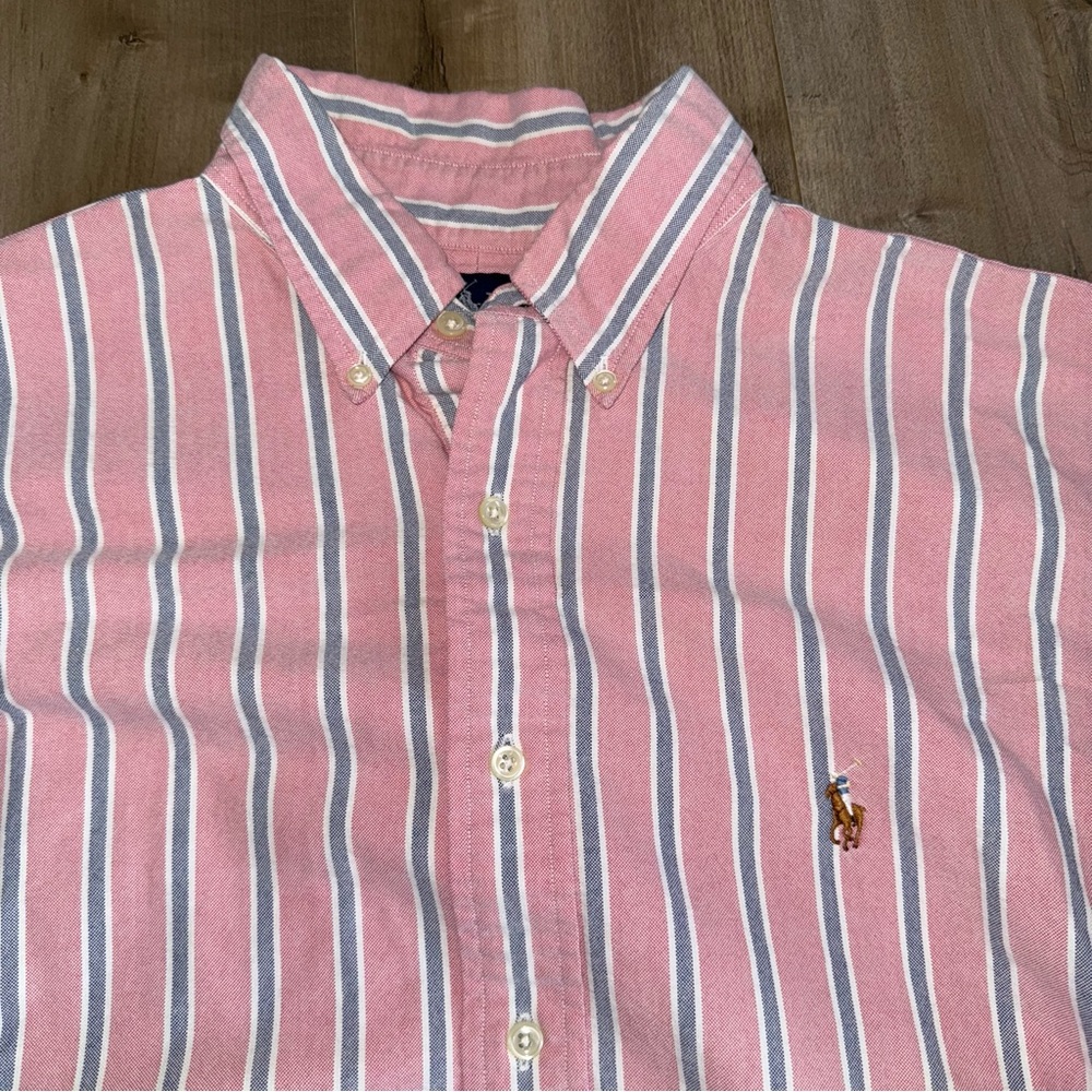 Ralph Lauren Yarmouth Long Sleeve Button Down Men 17.5 32-33 Pink Striped Flesh